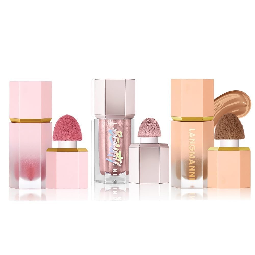 URQT Highly Pigmented Liquid Contour - Built-in Sponge Tip Sculpted Complexion Wand With Long Lasting Natural Buildable Highlighters and Bronzer (Contour+Blush+Highlighter)