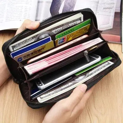 Unisex Leather Wallet - 1 Pc Slim Profile with Zipper Closure
