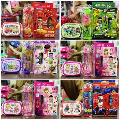 High Quality Gift Box 2 in 1 Water Bottle and Lunch Box Gift Set | Gift Box | School Water Bottle and Lunch Box Gift Set Kids School Lunch Box School Tiffin Box and Water Bottle With Spoon Best For Gifting Baby and Baba Premium Quality Big Size Gift Pack